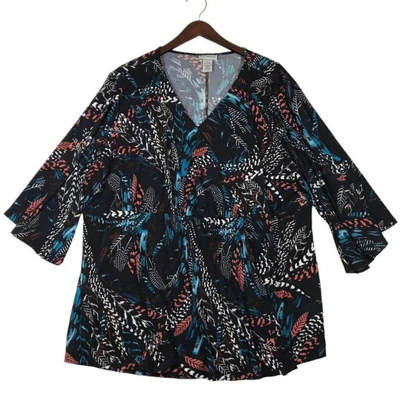 Catherines Plus 2X Blouse Top Baby Doll Navy Feather Leaf Print Faux Wrap V-neck - Picture 1 of 13